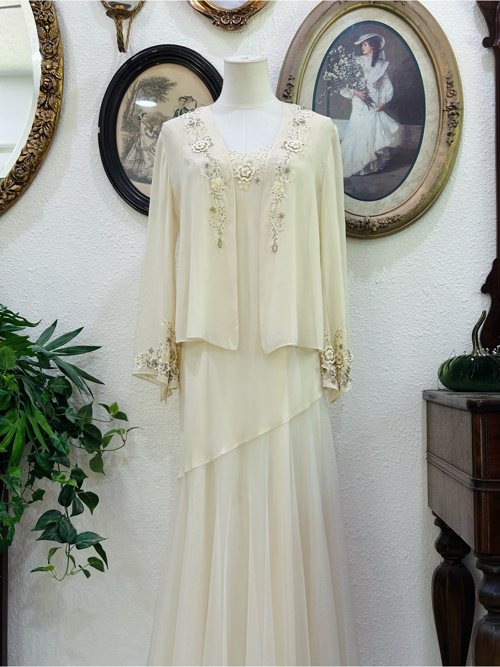R&M Richards Ivory Two-Piece Chiffon Wedding Dress with Beaded Jacket - Picture 3 of 14